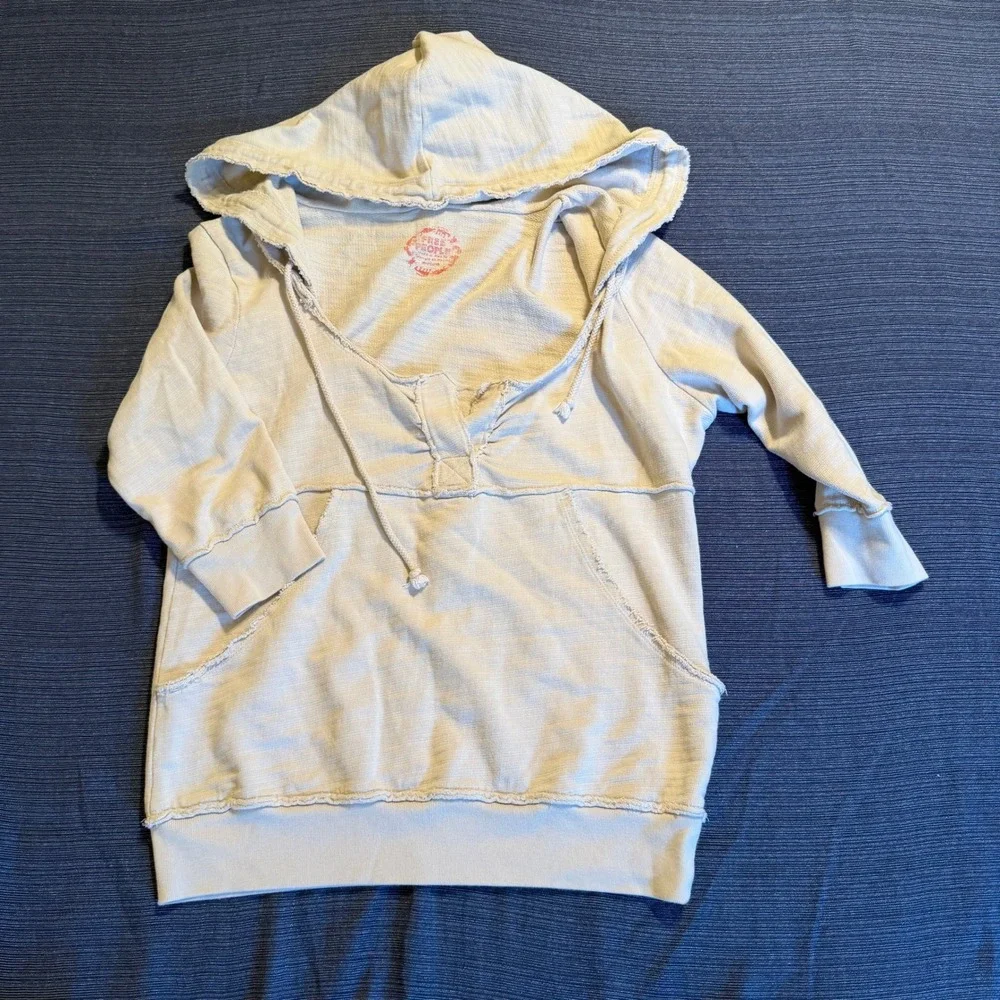 Free People Cream Cotton V-Neck 3/4 Sleeve Hoodie Pullover Bohemian Medium